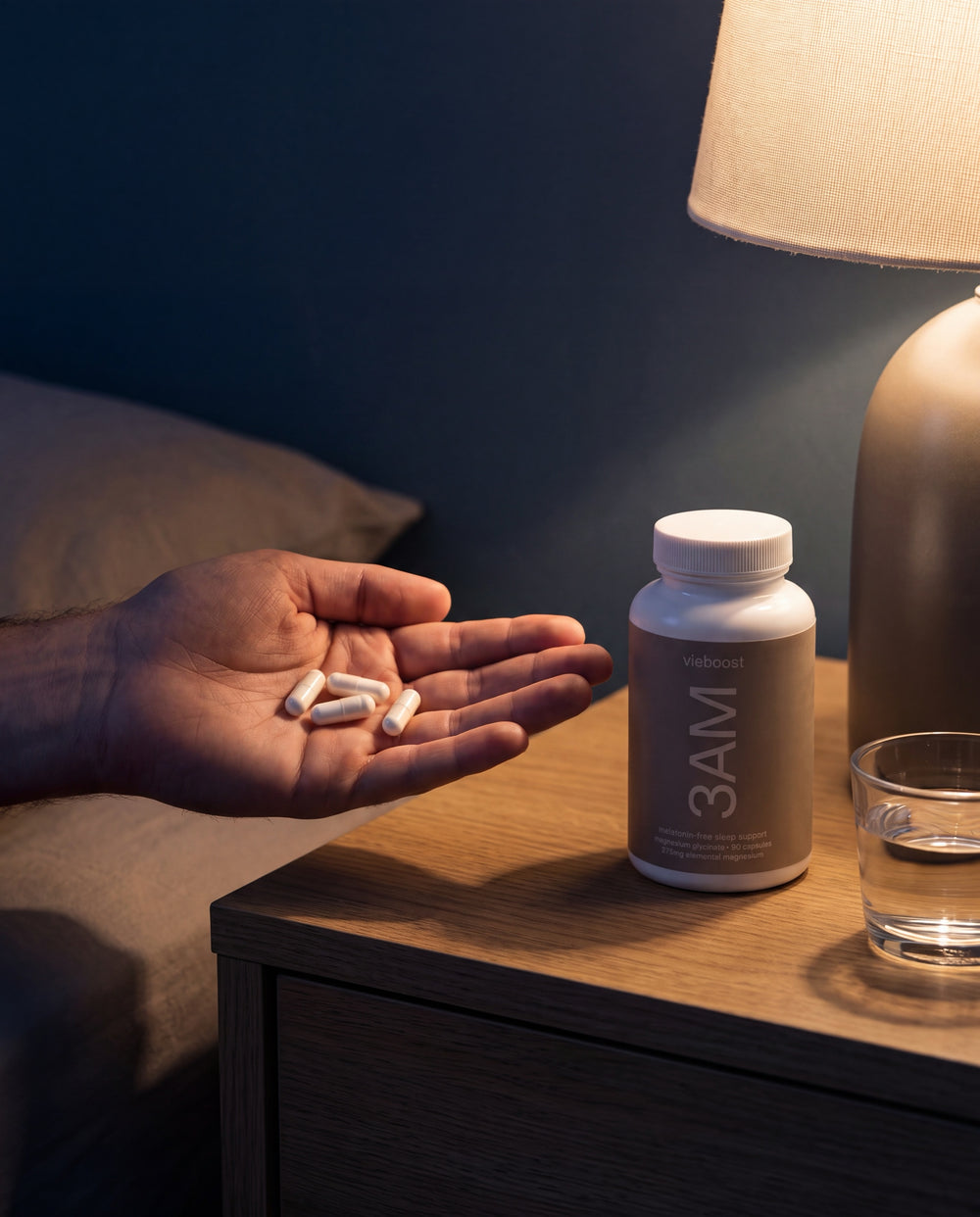 Three 3AM capsules in hand - the nightly dose
