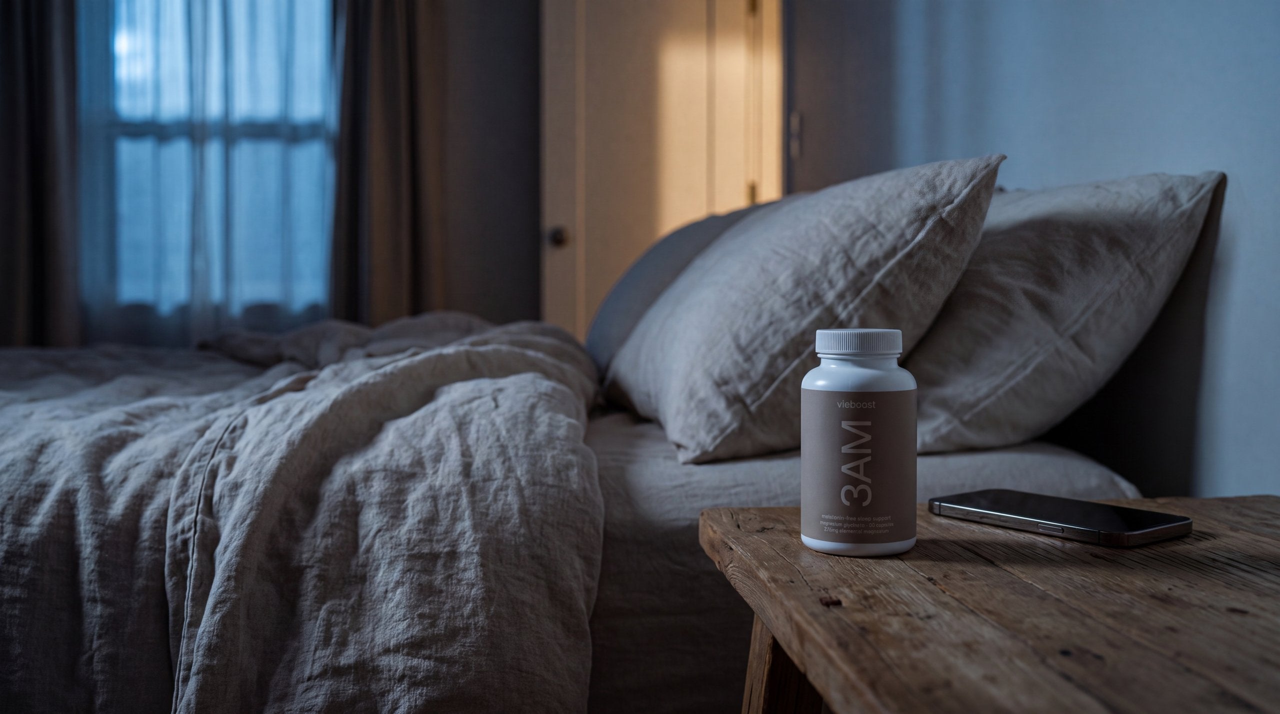 3AM™ bottle on a bedside table at night