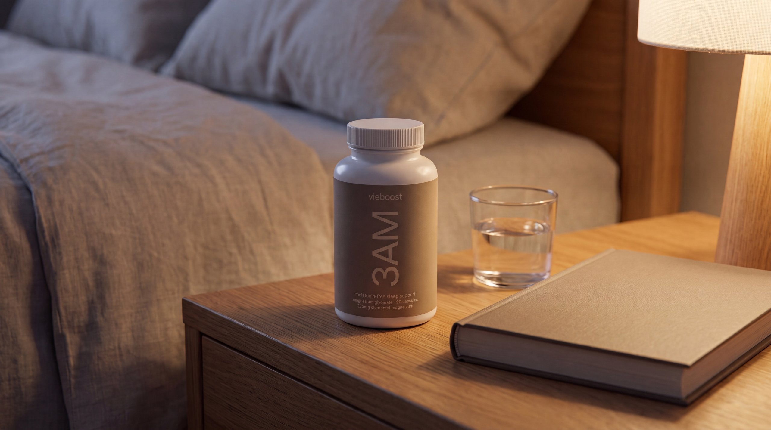 3AM™ on a bedside table at dusk — glass of water, book, phone face-down